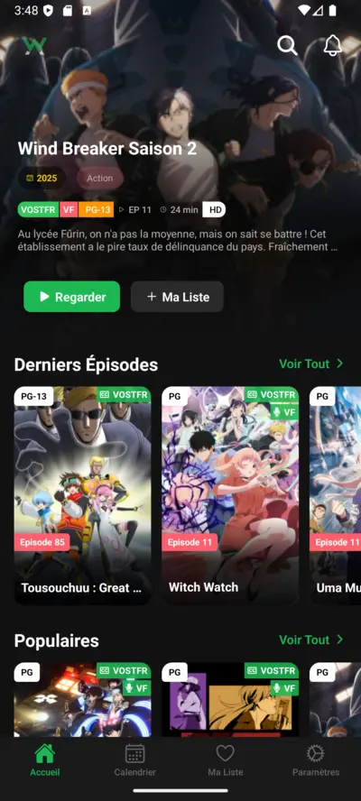 Interface WawAnime sur mobile
